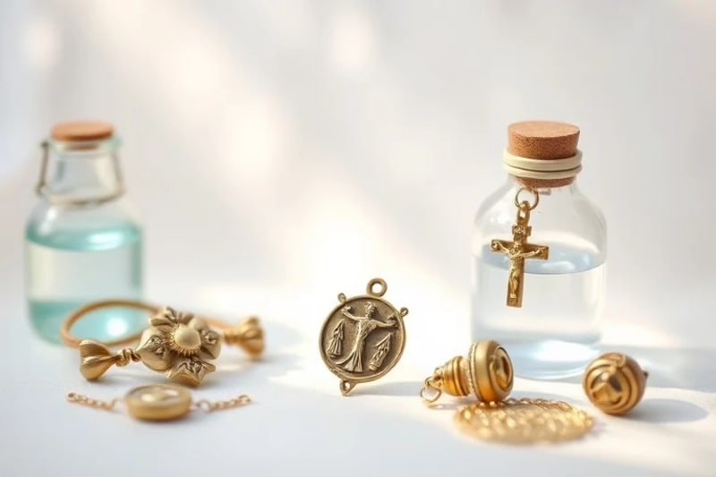 Variedad de objetos sacramentales como rosario, crucifijo, medallas y agua bendita
