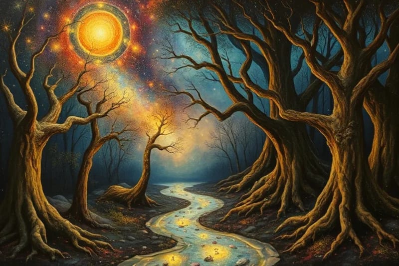 Pintura al óleo abstracta de un río de números brillantes fluyendo a través de un bosque místico, con árboles antiguos que representan vidas pasadas y ramas que alcanzan constelaciones numéricas, simbolizando la evolución espiritual.