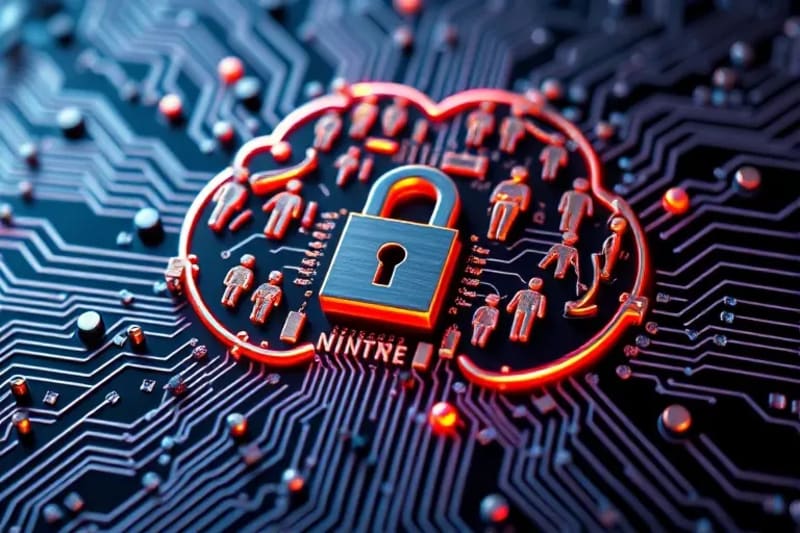 Abstract depiction of ethical considerations in AI, featuring intertwined gears and human figures, symbolizing data privacy, fairness, and accountability in a complex system, vector art style.