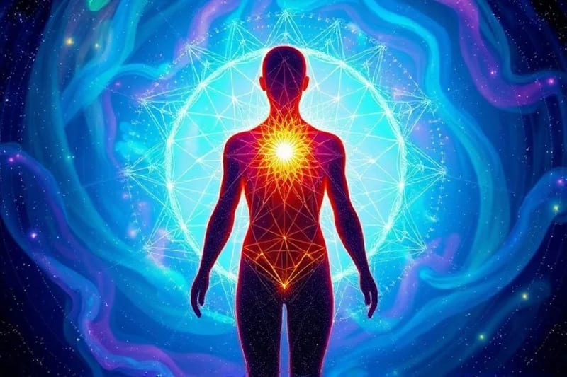 Abstract digital painting of human silhouette with glowing energy lines