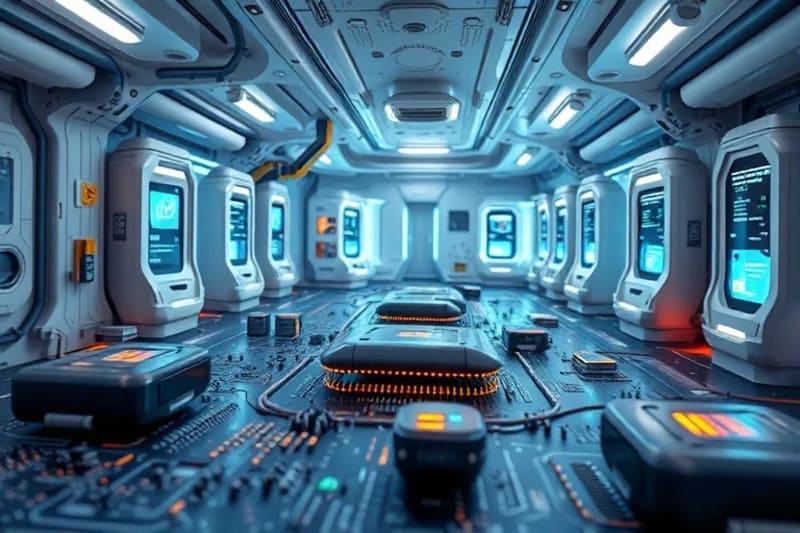 Futuristic medical facility with advanced AI interfaces, glowing diagnostic tools, and a serene environment, symbolizing extended healthy human lifespan, 3D render.