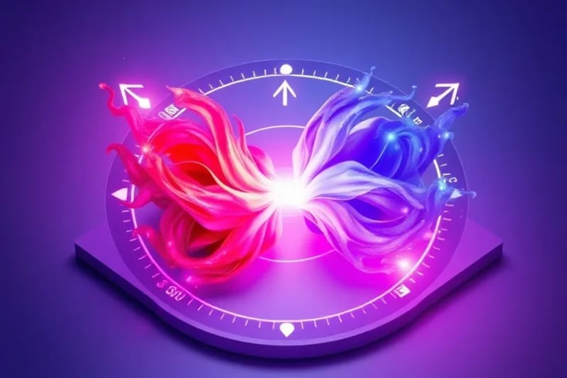 Representación abstracta de dos campos energéticos entrelazados, con símbolos de Venus y el Ascendente, mostrando la fusión y armonía en las relaciones.