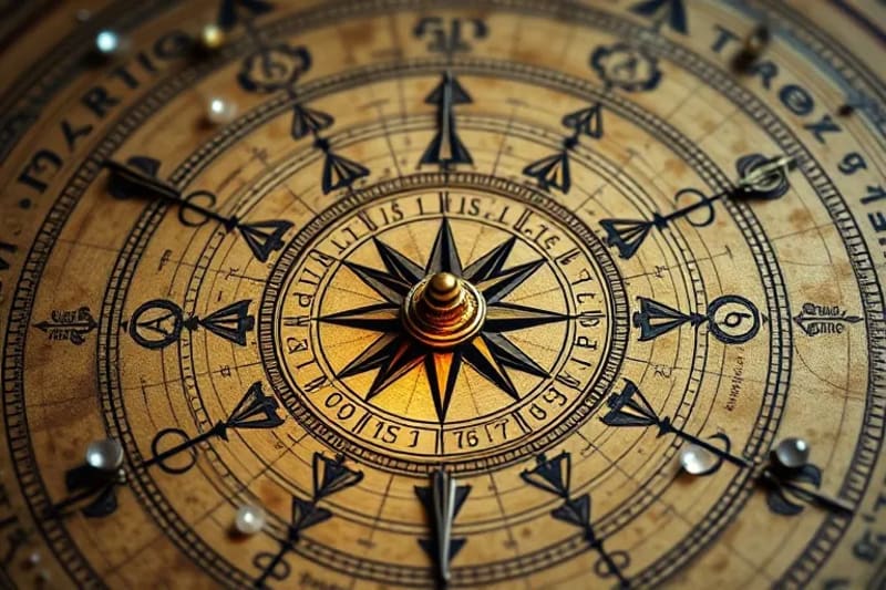 Brújula antigua sobre un mapa astrológico, con la aguja apuntando a Venus y una línea luminosa desde el Ascendente, simbolizando guía y destino en el amor.