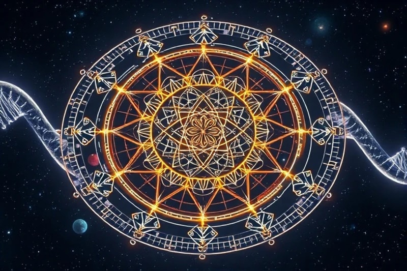 A detailed holographic birth chart overlaying a double helix DNA structure, with subtle planetary glyphs integrated into the genetic code, showcasing the dynamic interaction between cosmic and biological influences.