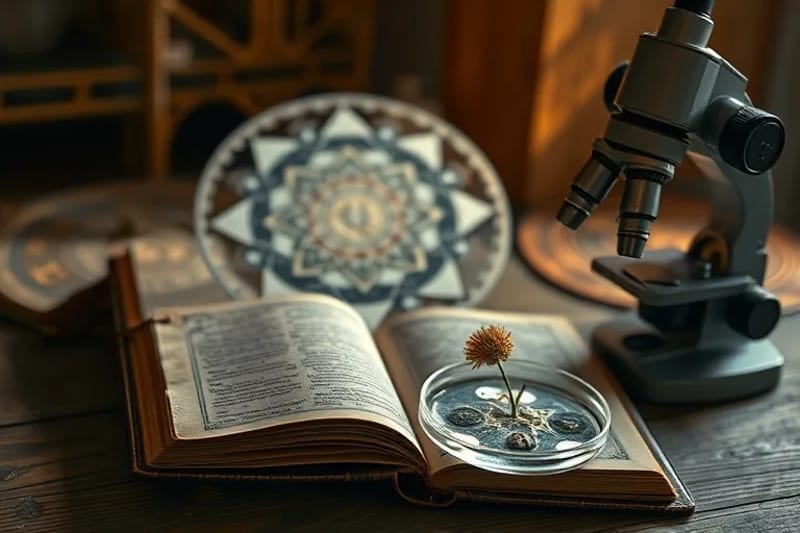 An antique astrology book open on a wooden table, next to a microscope examining cellular structures in a petri dish, with a dried flower resting on the book, symbolizing the blend of ancient wisdom and modern scientific inquiry.