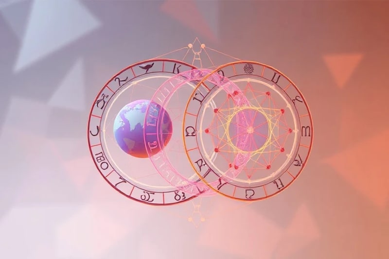 Vector art of intertwined astrological charts with dignity overlays