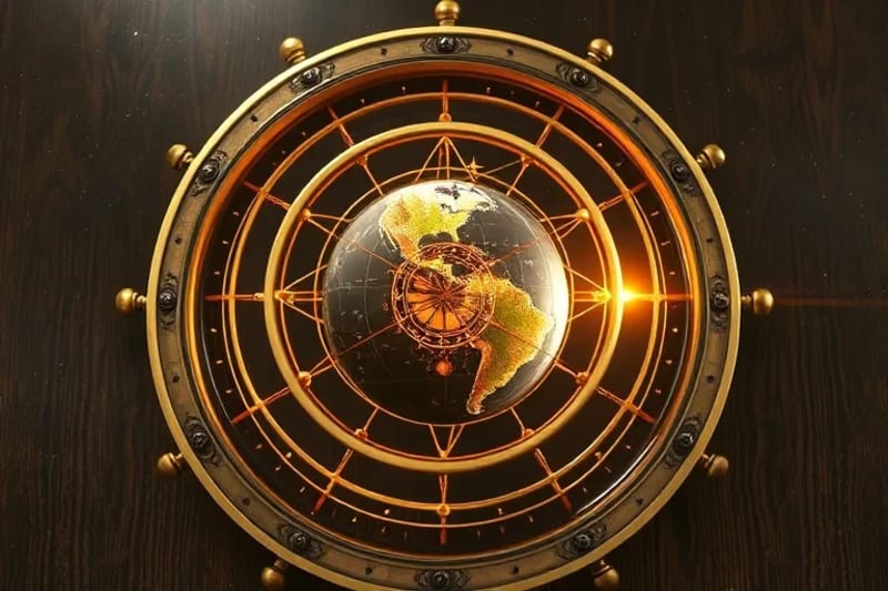 3D render of an antique celestial sphere highlighting planetary connections