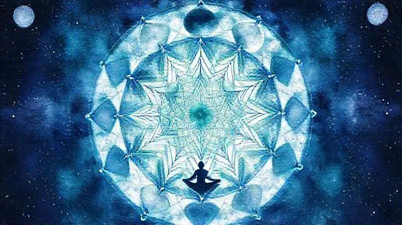 Abstract watercolor painting depicting the moon's phases, flowing hues of blue, green, silver, and purple, with subtle human silhouettes in meditative poses, symbolizing emotional connection to cosmic rhythm.
