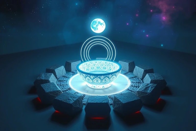 Stylized 3D render of geometric stones in a spiral, each glowing with a lunar phase color. A meditation bowl at the center emits shimmering sound waves, set against a cosmic nebula, symbolizing cosmic connection and inner harmony.