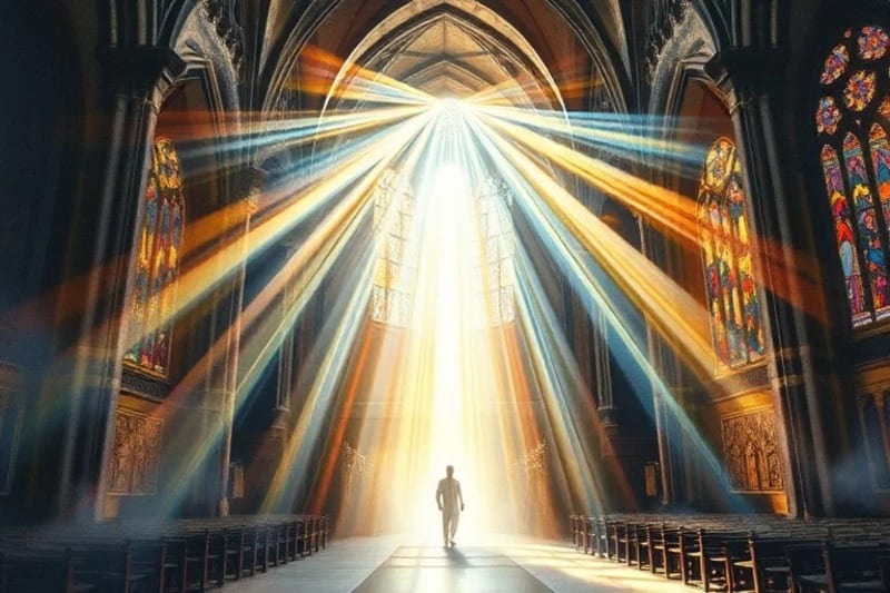 Flujos de luz representando sabiduría ancestral y cristiana fusionándose