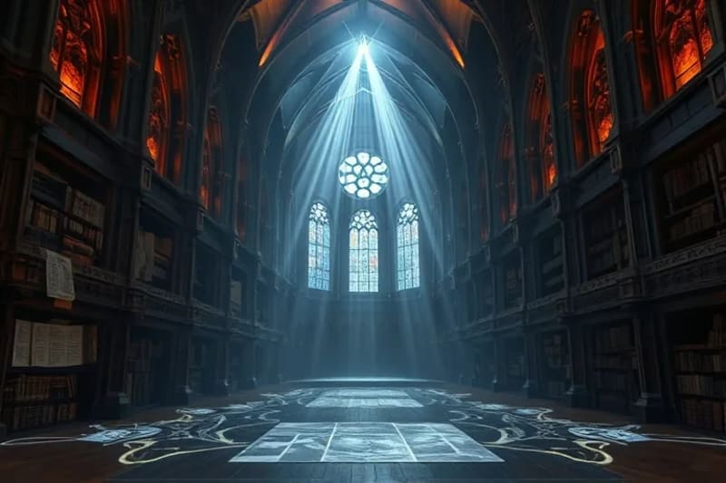 Archivo futurista con textos antiguos y proyecciones holográficas