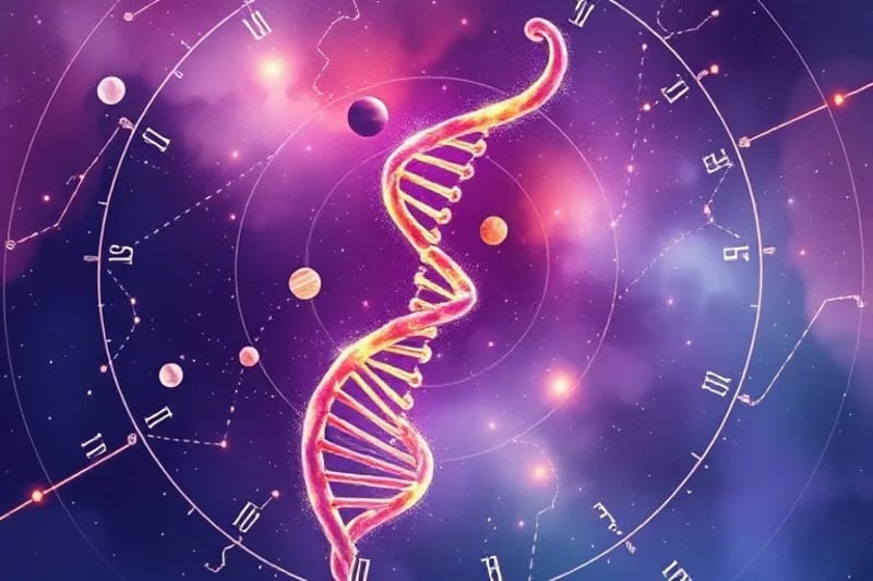 Pintura acuarela de una doble hélice de ADN entrelazada con un anillo de planetas y lunas, simbolizando la influencia cósmica en la expresión genética.