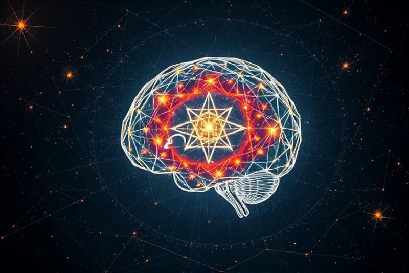 Conceptual still-life of interconnected neural networks around a glowing human brain, symbolizing AI's mapping of consciousness.
