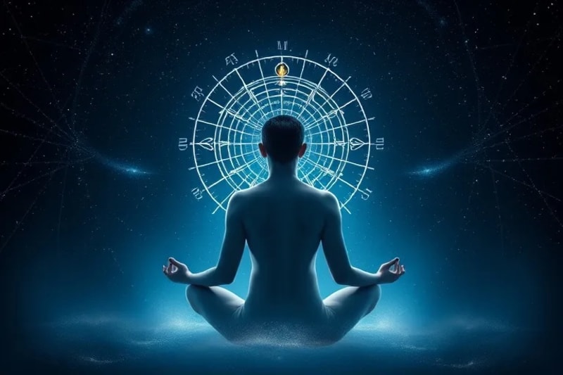 Figura meditando con aura y símbolos astrológicos, conectada a un vórtice cósmico, representando la sanación energética y la expansión de la conciencia.