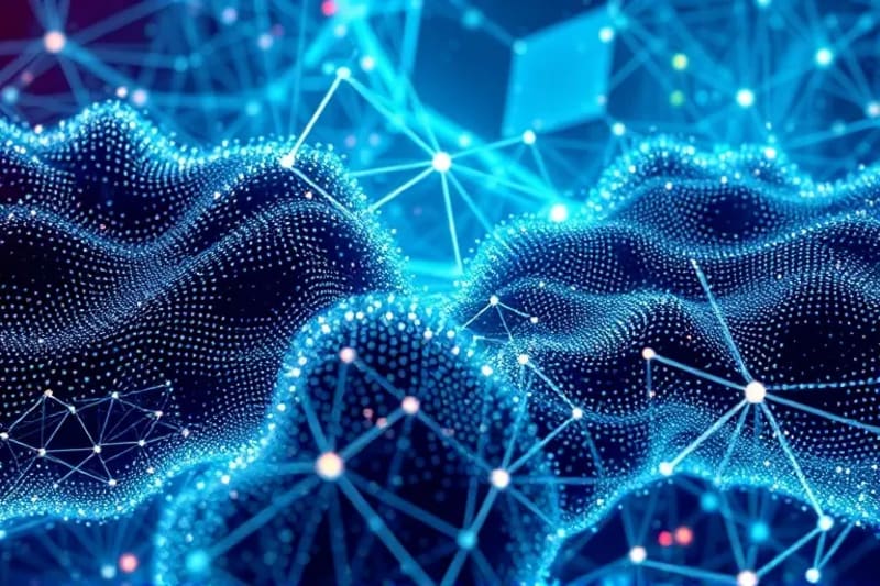 Visualización 3D de bloques de datos entrelazados con materiales reciclados y símbolos de energía.