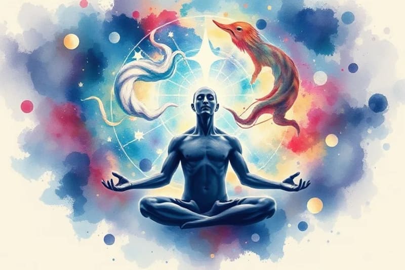 Meditating figure surrounded by quantum energy patterns, symbolizing conscious manifestation.