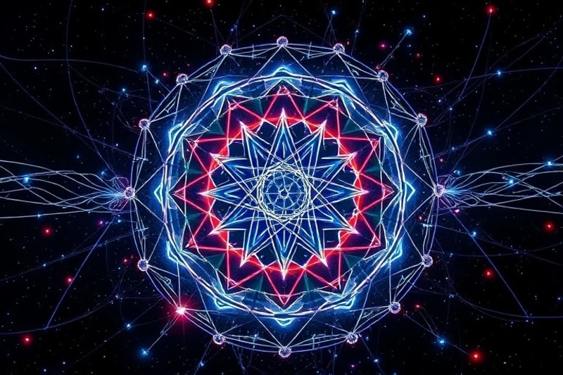 Abstract glowing network of quantum particles and energy waves, symbolizing interconnectedness.