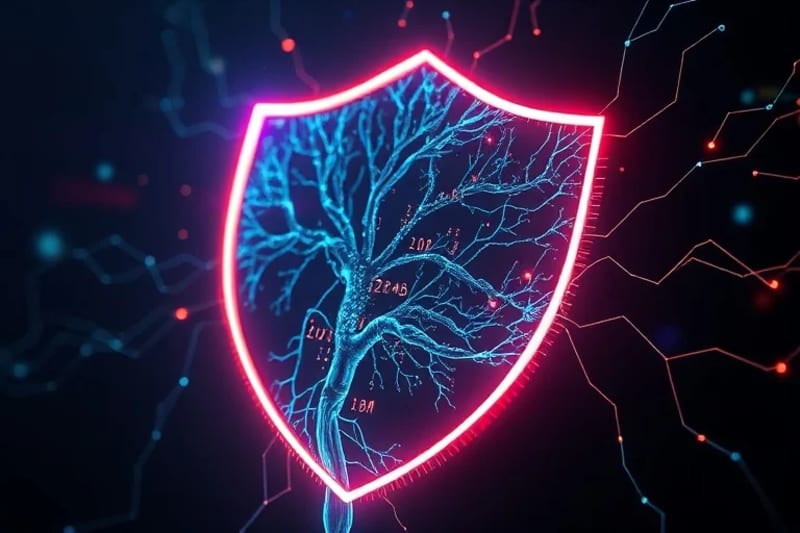 Escudo digital translúcido protegiendo una red neuronal intrincada, simbolizando la privacidad de datos cerebrales.