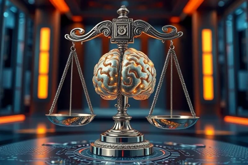 Escultura abstracta 3D de balanzas de justicia entrelazadas con un cerebro estilizado y circuitos digitales, simbolizando la regulación ética de la neurotecnología.