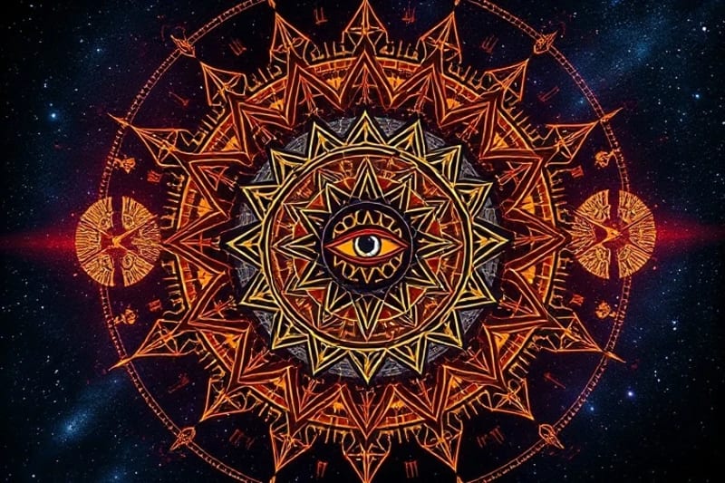 Intricate digital painting of interwoven esoteric symbols