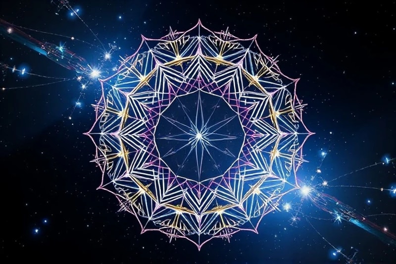 Abstract 3D render of interconnected light patterns and crystalline structures