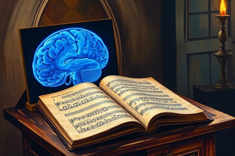 Libro de canto gregoriano abierto junto a una imagen de resonancia magnética cerebral con actividad neuronal