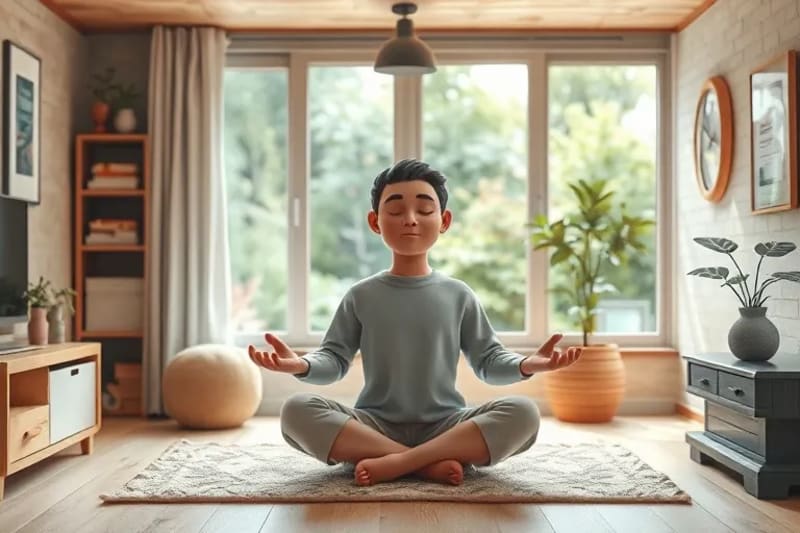 Persona meditando en un espacio hogareño sereno con colores suaves