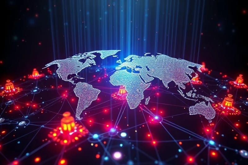 Visualización conceptual de infraestructura crítica con un escudo multicapa de datos y símbolos criptográficos