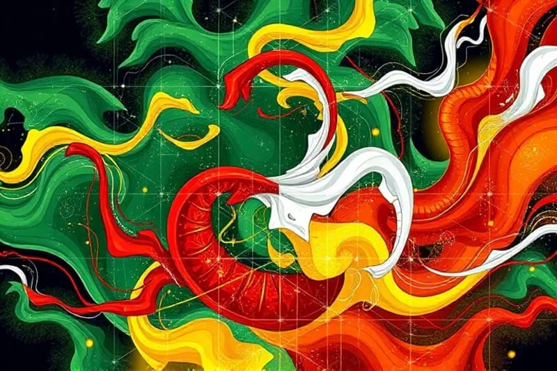 Pintura digital abstracta con formas geométricas y líneas fluidas que representan los ciclos de generación y control de los cinco elementos.