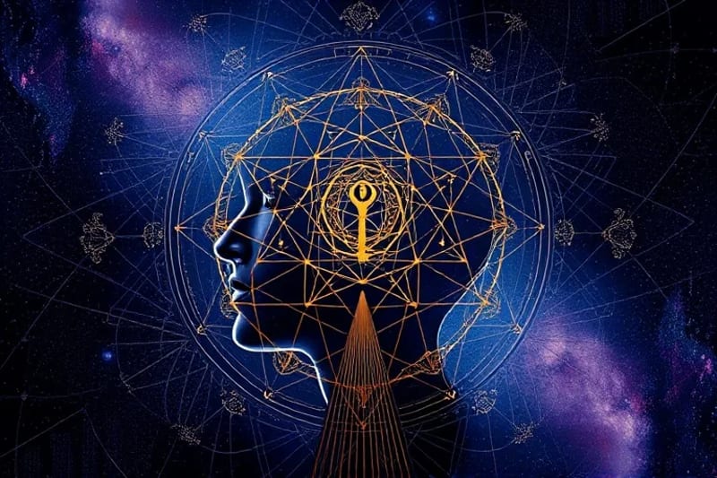 Vector art illustration of a human head in profile, with intricate data streams and algorithmic patterns flowing out from the mind, connecting to various universal dream symbols like a key, a bird, and a house.