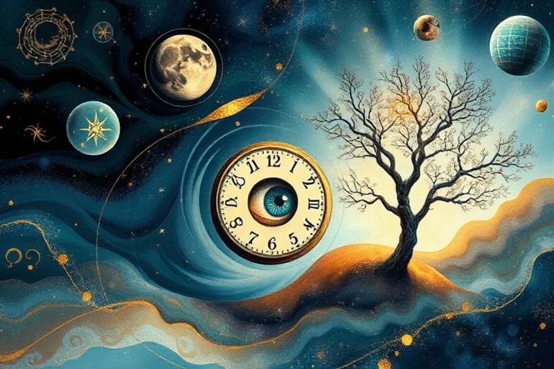 Digital painting of an abstract landscape composed of fragmented, surreal elements: a half-submerged clock, a floating eye, a tree with roots reaching into starlight, all bathed in a soft, ethereal glow, evoking the fluid nature of dreams.