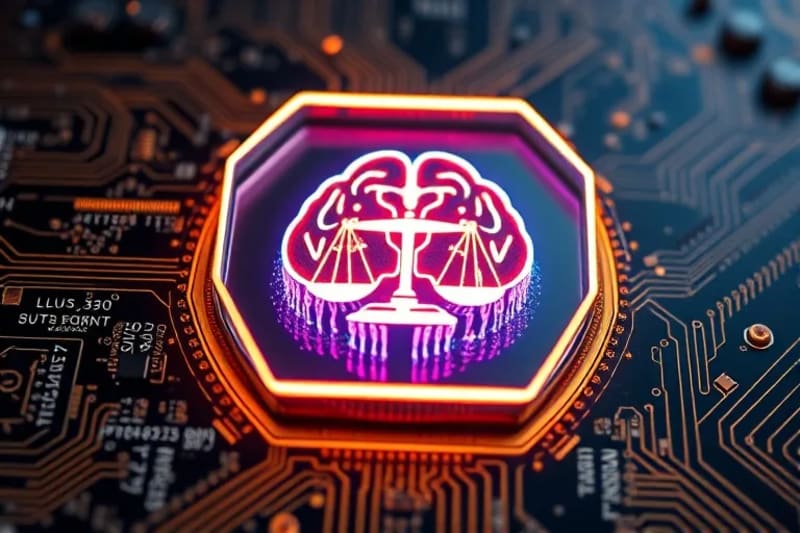 Vector art depiction of a brain icon shielded by a protective barrier, with legal gavels and scales of justice, representing neuro-rights.