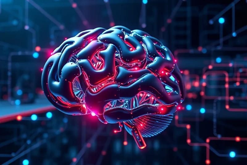 3D render of an intricate brain-computer interface (BCI) device with glowing neural pathways, connected to a digital network.