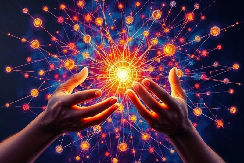 Representación abstracta de una red neuronal con nodos de verdad y desinformación