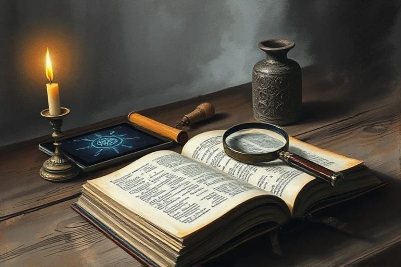 Bodegón de un libro antiguo, una tablet moderna y una vela, simbolizando la búsqueda de la verdad