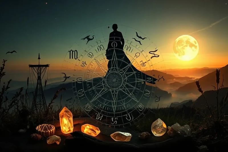 Intricate alchemical symbols on ancient parchment, surrounded by glowing crystals and herbs, representing the elements of transformation