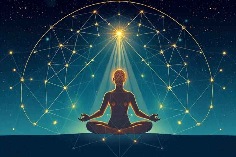Figura humana en meditación, con luz radiante y patrones geométricos astrales conectándola a una red cósmica, simbolizando el despertar espiritual.