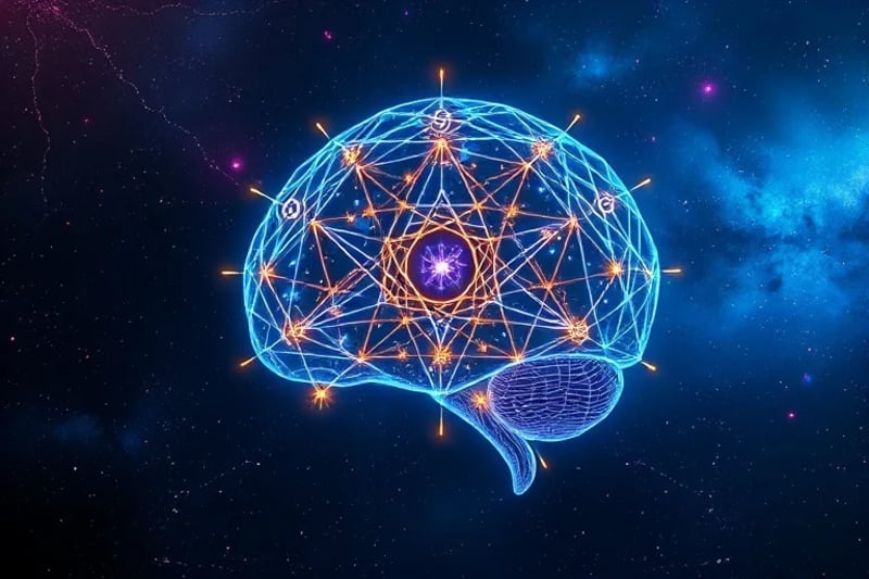 Digital Painting of a stylized, intricate human brain rendered with glowing neural pathways, connected by luminous threads to abstract word forms and symbols floating in a serene, meditative space. The color palette is soft blues, purples, and golds, conveying mental clarity and spiritual insight.