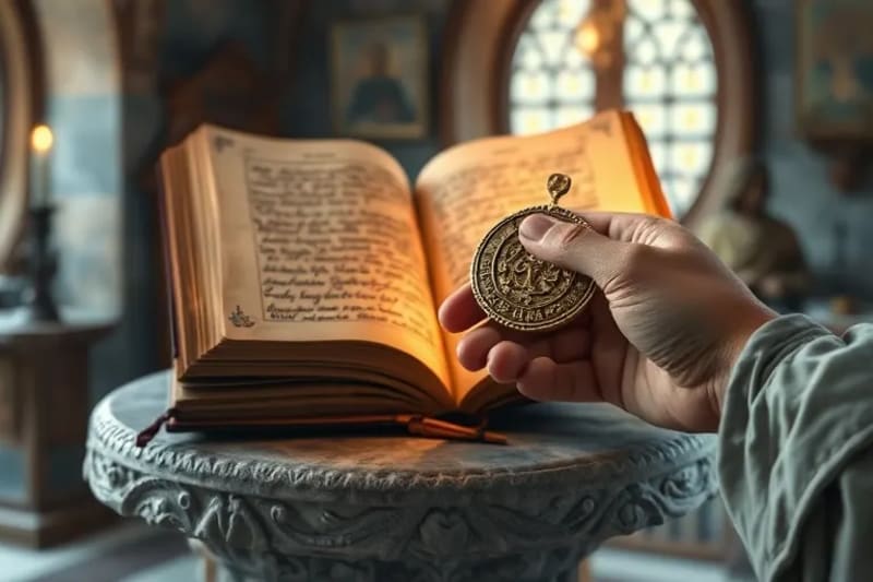 Primer plano de una mano sosteniendo una medalla de San Benito, con un brillo suave que irradia del objeto, simbolizando la protección espiritual y la fe en un ambiente hogareño.
