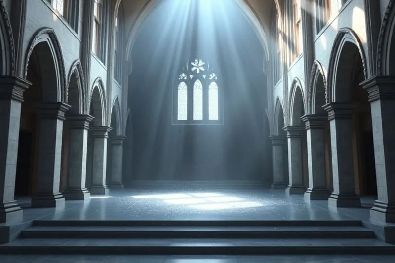Representación 3D de agua bendita con partículas luminosas siendo rociada sobre el umbral de una casa moderna, simbolizando una bendición y protección espiritual para el hogar.