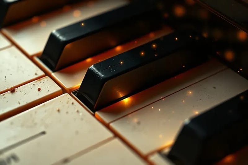 Close-up of a vintage piano key with glowing neural patterns
