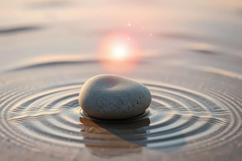 Piedra de río en equilibrio con aura de luz suave