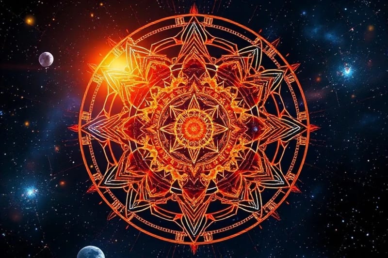 Intricate glowing mandala of interconnected gears and celestial bodies, symbolizing the complex mechanics of a composite chart and its dynamic interplay.