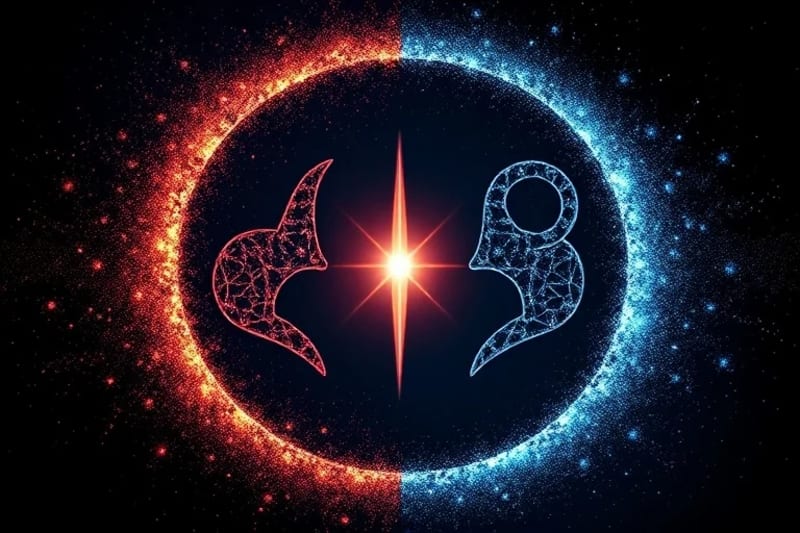 Stylized abstract representation of two distinct energy fields merging to form a third, unique crystalline field, reflecting light and indicating relationship potential.