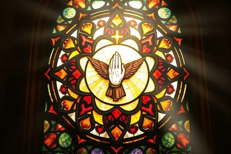 Pintura al óleo de un vitral gótico con símbolos trinitarios