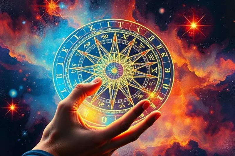 Human hand interacting with a glowing crystalline tablet displaying an astrological chart with cosmic sacred geometry