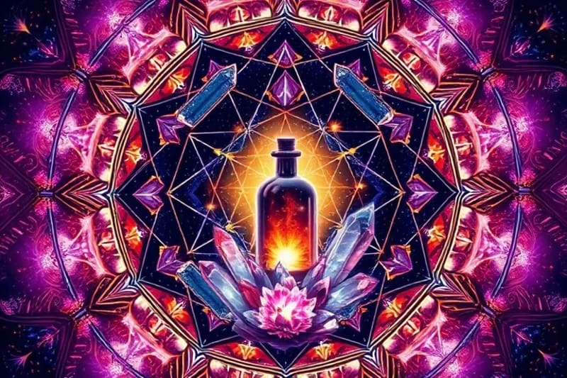 Ilustración digital de cristales como amatista y cuarzo rosa, rodeando un vial de elixir botánico, con símbolos planetarios entrelazados.