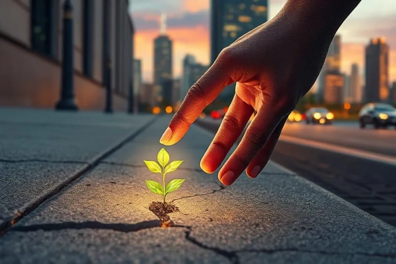 Mano humana tocando suavemente una planta que brota de una grieta en el cemento, con un aura etérea