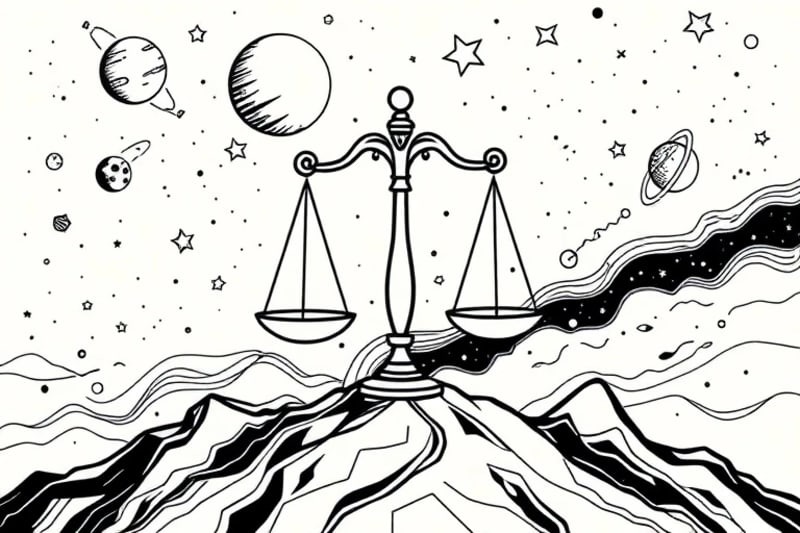 Representación abstracta de la balanza de la justicia flotando entre estrellas y planetas, con documentos legales y flujos de datos, simbolizando la gobernanza espacial.