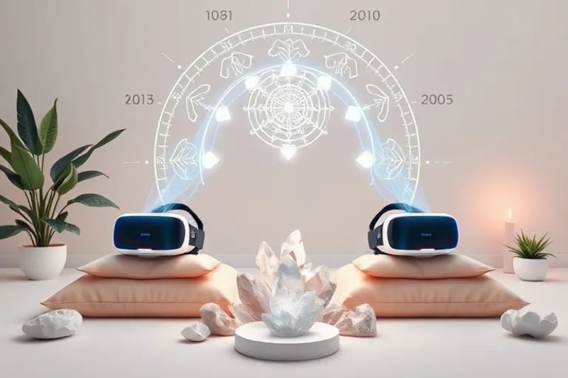 Modern healing space with VR headsets, crystals, and plants, with digital light patterns symbolizing spiritual healing